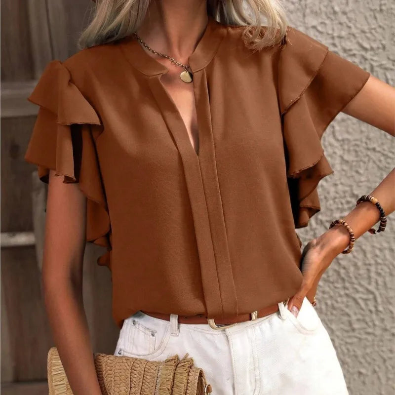 Women's Summer V-neck Casual Double Layered Ruffle Sleeves Solid Color Shirt Top Blouse