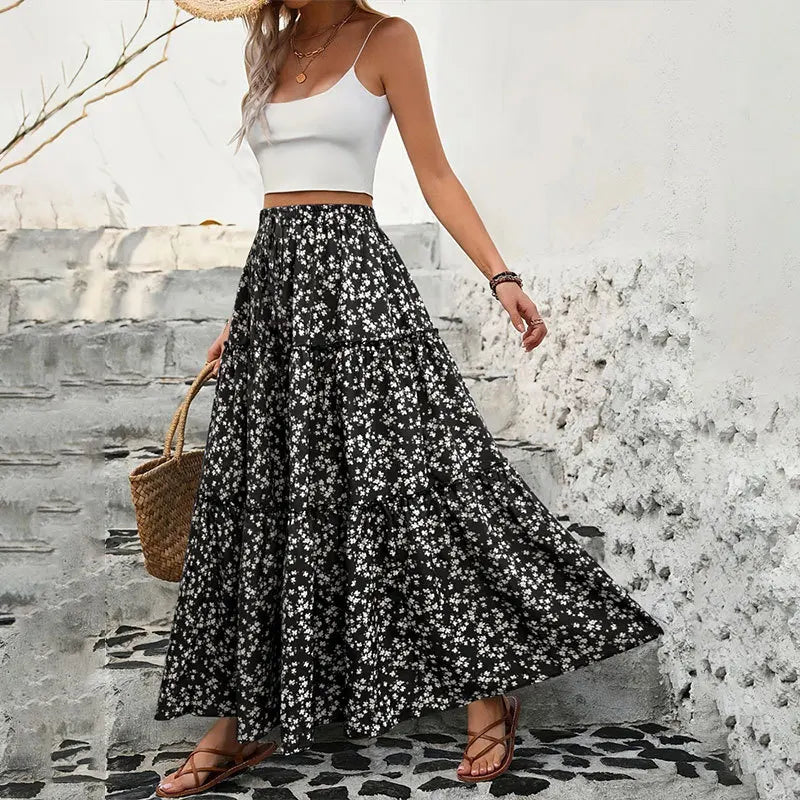 2025 Women's Small Floral Belt Three layer Splicing Long Half length Skirt Spring/Summer High end Women's Skirt A-line Skirt