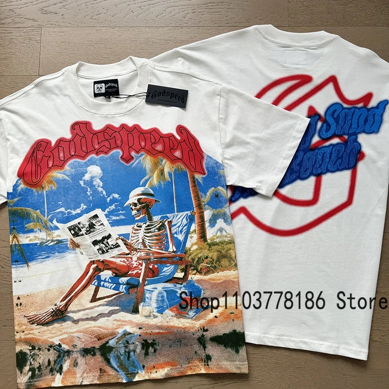 Classic White GOD SPEED T Shirts Letter Logo Seaside Holiday Scenery Print Godspeed Short Sleeve Unisex Tees Tops