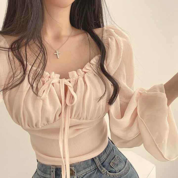 Women Chiffon Blouse Summer Shirt Square Collar Folds Lace Up Waist Tops Korean Fashion Flare Sleeve Elegant Blouses Femme