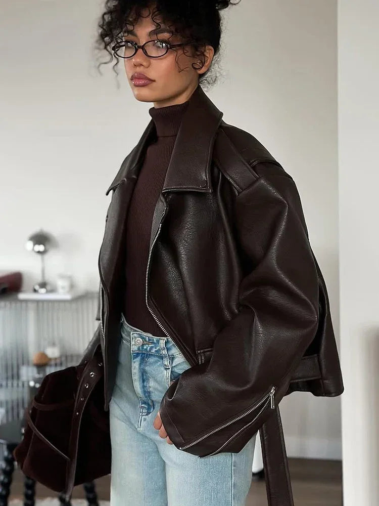 Brown Lapel Leather Bomber Jacket Women's Fashion Full Sleeve Zipper Pocket Lace Up Belt Coat 2025 Autumn High Street Outerwear