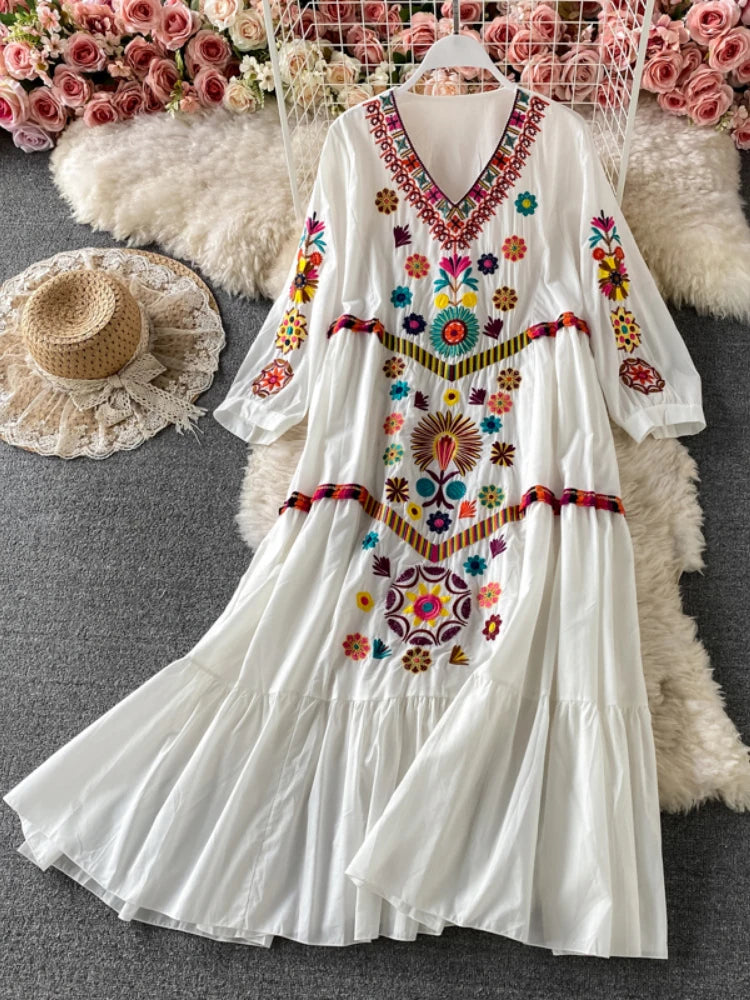 Vintage Chic Women Floral Embroidery Beach Bohemian Mini Dress Ladies Short Sleeve V-neck Cotton and Linen Boho Dresses Vestido