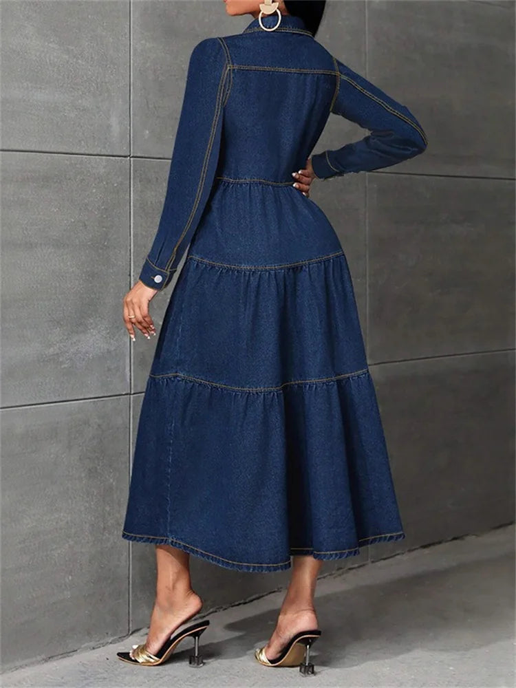 Wmstar Denim Dress Women Casual Button Cardigan Long Sleeve Dresses Fashion Streetwear New Spring Clothes Wholesale Dropshipping