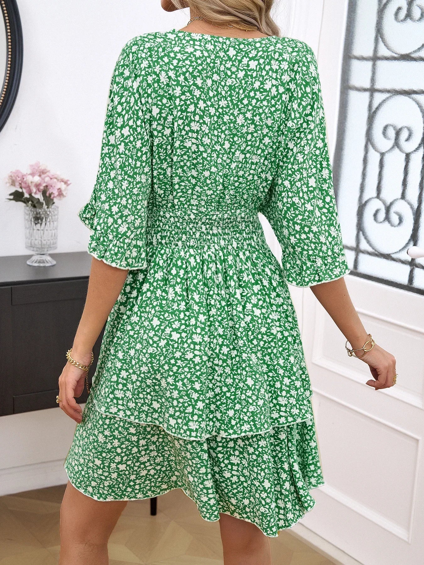2024 Summer New Casual Women's High Waist Printed A-line Dress V-neck Fashion Elegant Short Sleeve Fragmented Flower Dress