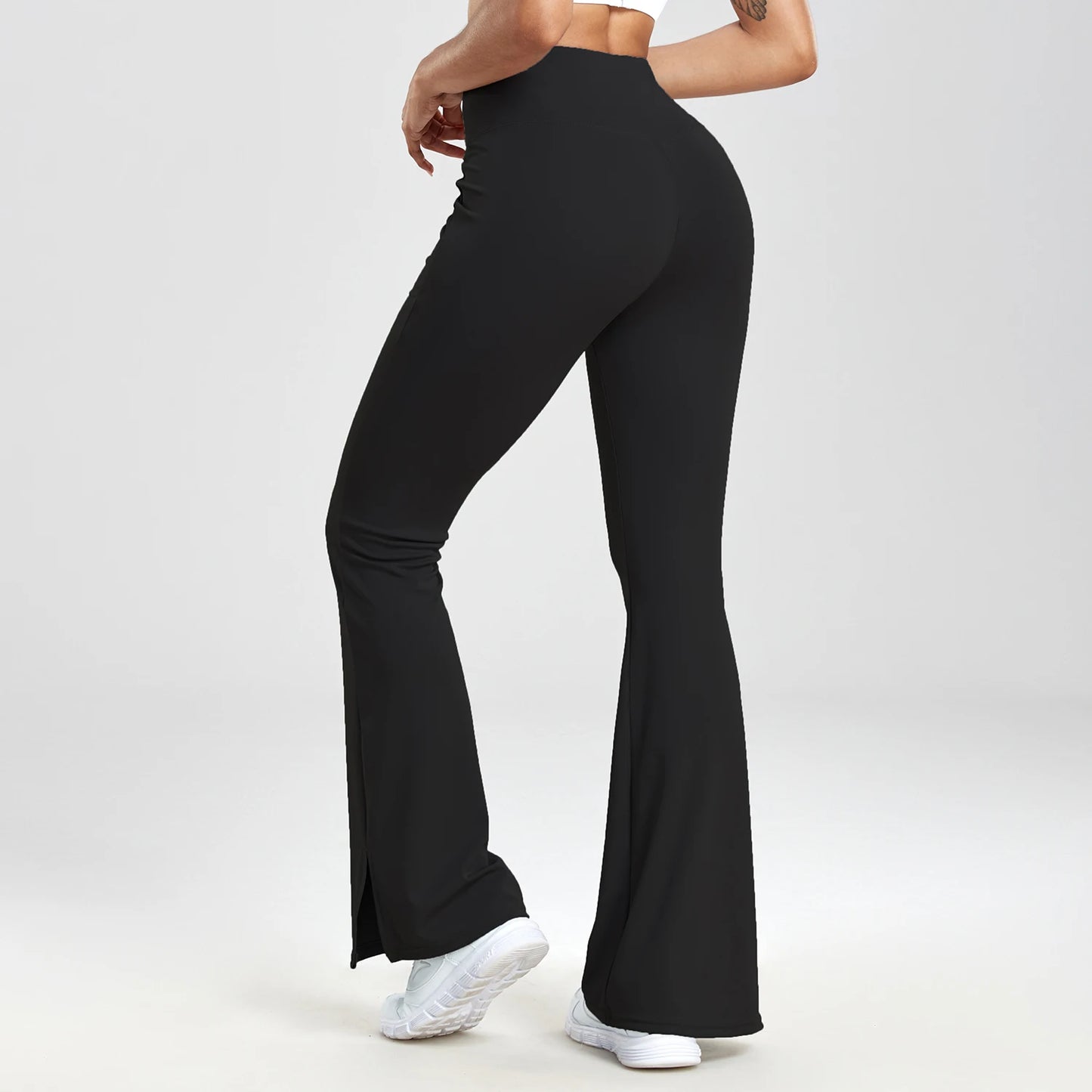 V-shaped Split Flared Pants Women Pockets Leggings Solid Color High Waist Casual Simple Style Pants Daily Office Elastic Legging