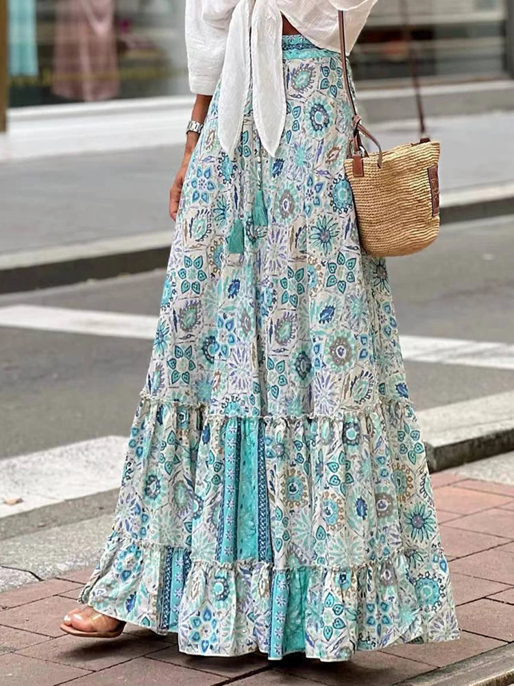 High Waist Patchwork Ruffles Print Skirt Summer Elegant Women Casual Long Skirt Femme Loose Floor-Length Maxi Skirt Dropshipping