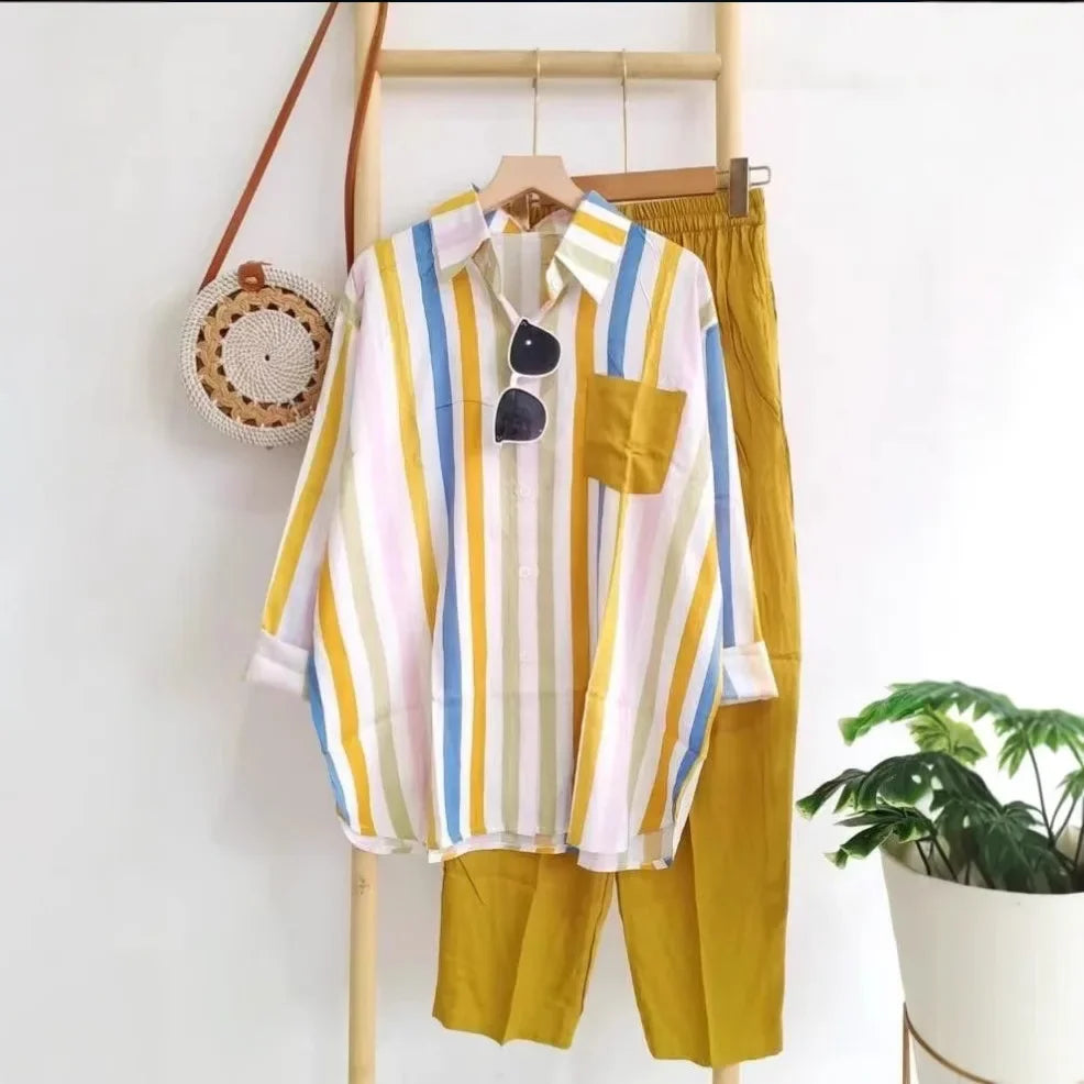 2024 Summer New Fashion Loose-Fit Slimming Casual Striped Two-Piece Suit Women's Comfortable Black Pink Red Short Skirt Set