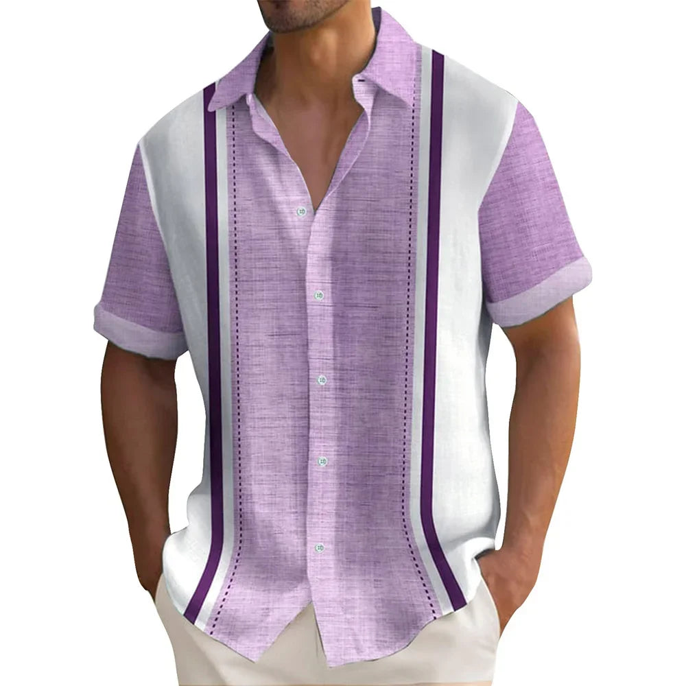 Men's stripe casual short sleeve, button up, loose Hawaiian summer shirt