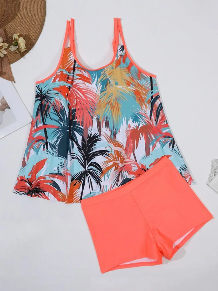 VigoJany 2025 Sexy Print 2 Piece Plus Size Tankini Women Strapped Hollow Curvy Swimsuit Brazilian Beach Lady Big Bathing Suit