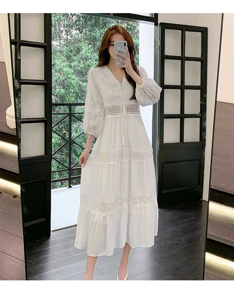 2025 Women's New Spring/Summer White Hollow Sweet Dress Fashion French Bubble Sleeve Knee length Skirt European and American