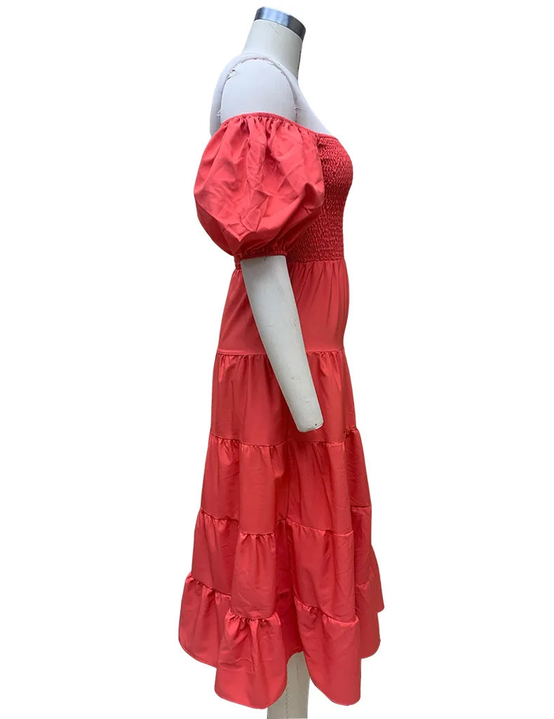 Women Off Shoulder Long Dress Summer Solid Color Short Puff Sleeve Slash Neck A-Line High Waist Mid-Calf Sundress