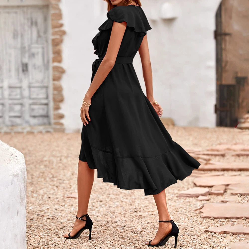 Women's Elegant Solid Ruffle Flying Sleeve Lace Up Skater Midi Dress Summer Ladies Party Holiday Casual Sundress Size S-2XL