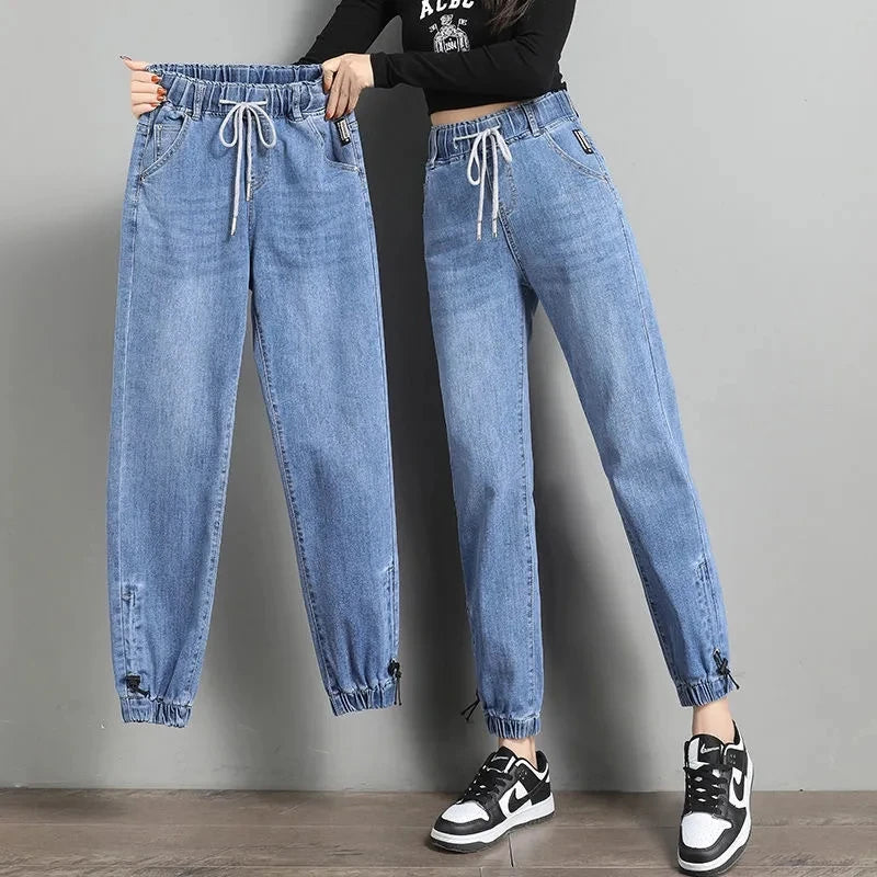 Women High Waist Denim Pants Harlan Elastic Waist Loose Casual Ankle long Pants