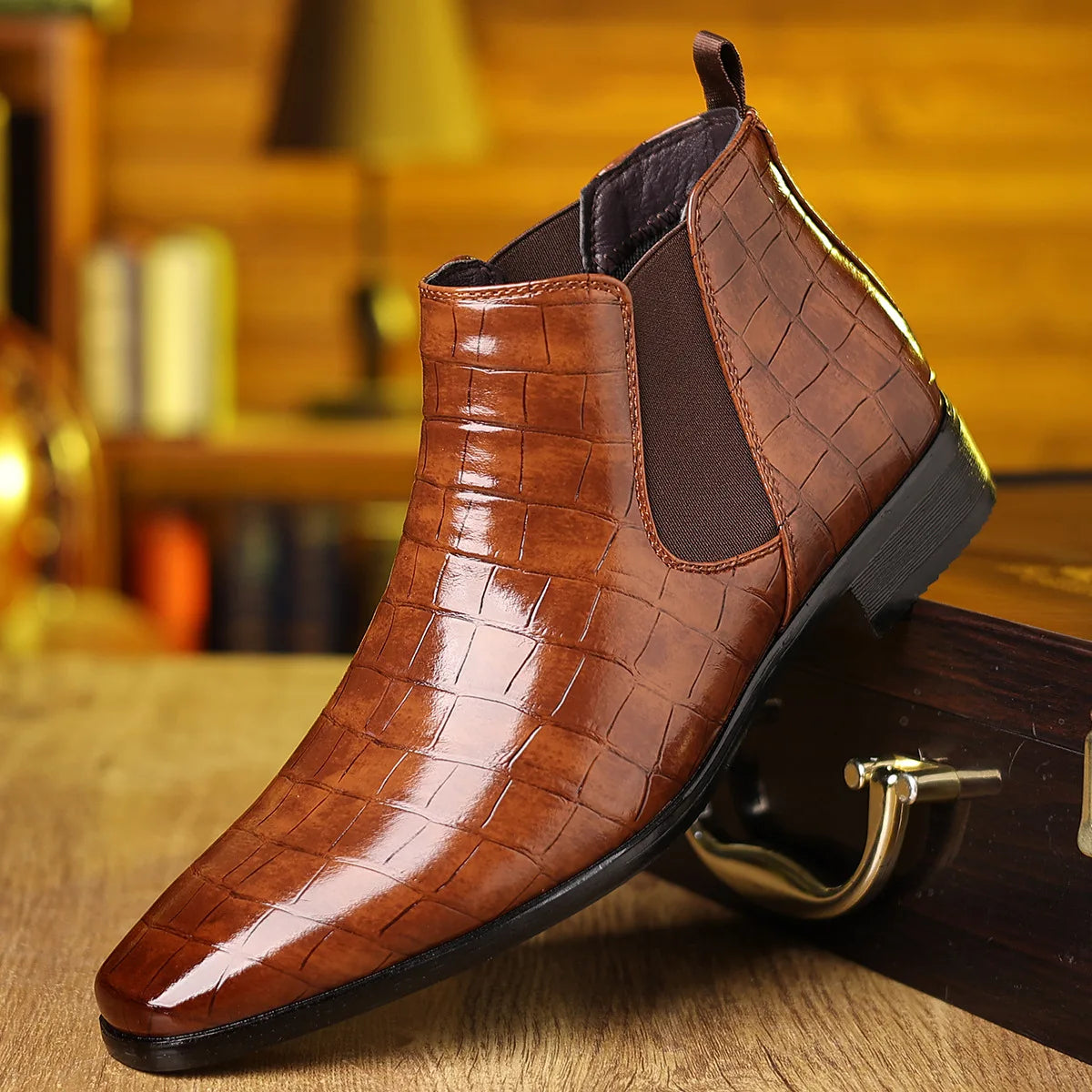 Big Size Stone Pattern Dress Shoes for Men Autumn Winter Soft-soled Men Leather Boots New Designer Platform Chelsea Boots Male