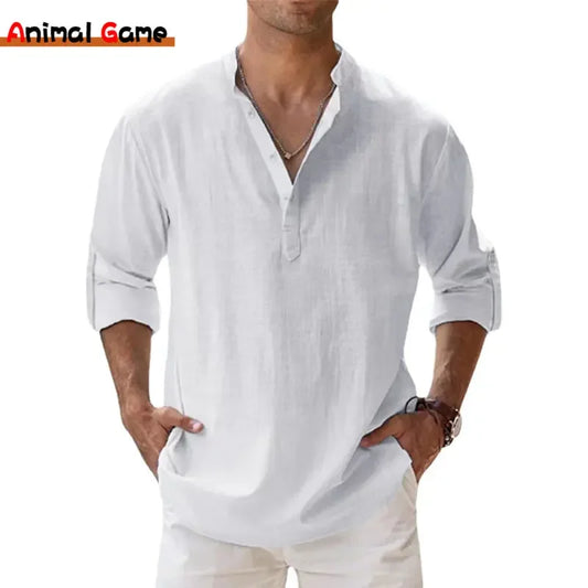 Men Cotton Linen Long Sleeve Casual Lightweight Henley Beach Hawaiian Shirt