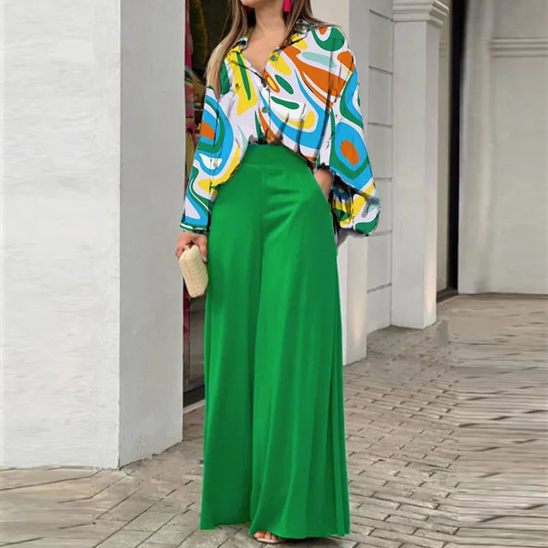 Spring Autumn Print Pant Sets Women Fashion Temperament Casual Loose Two Piece Set Flared Sleeve Shirts Wide Leg Pants Lady Suit