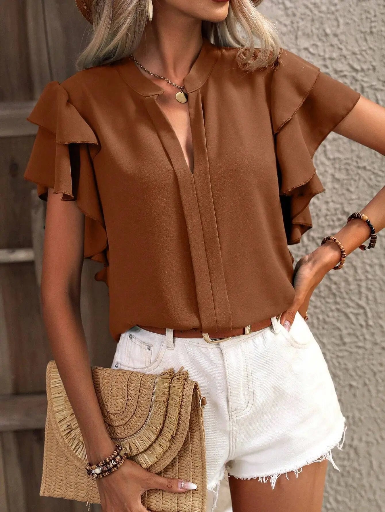 Women's Summer V-neck Casual Double Layered Ruffle Sleeves Solid Color Shirt Top Blouse