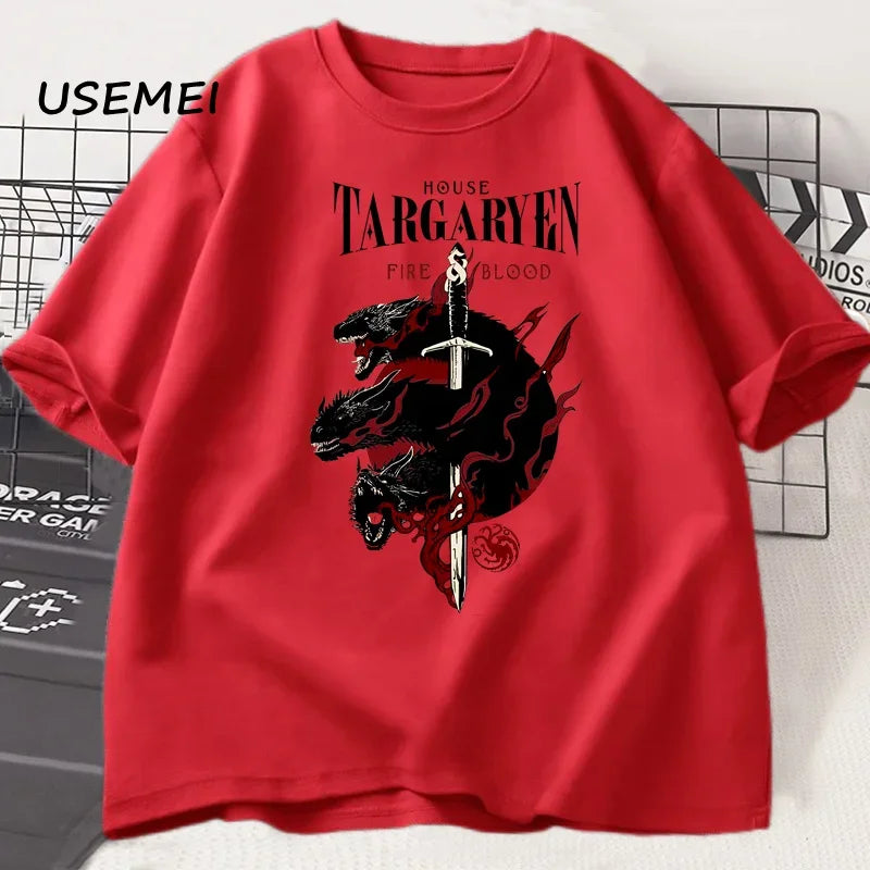 House Targaryen T Shirt Fire and Blood T-Shirt GOT Men Tshirt Cotton Fashion Short Sleeve Casual Printed Tee Shirt Streetwear