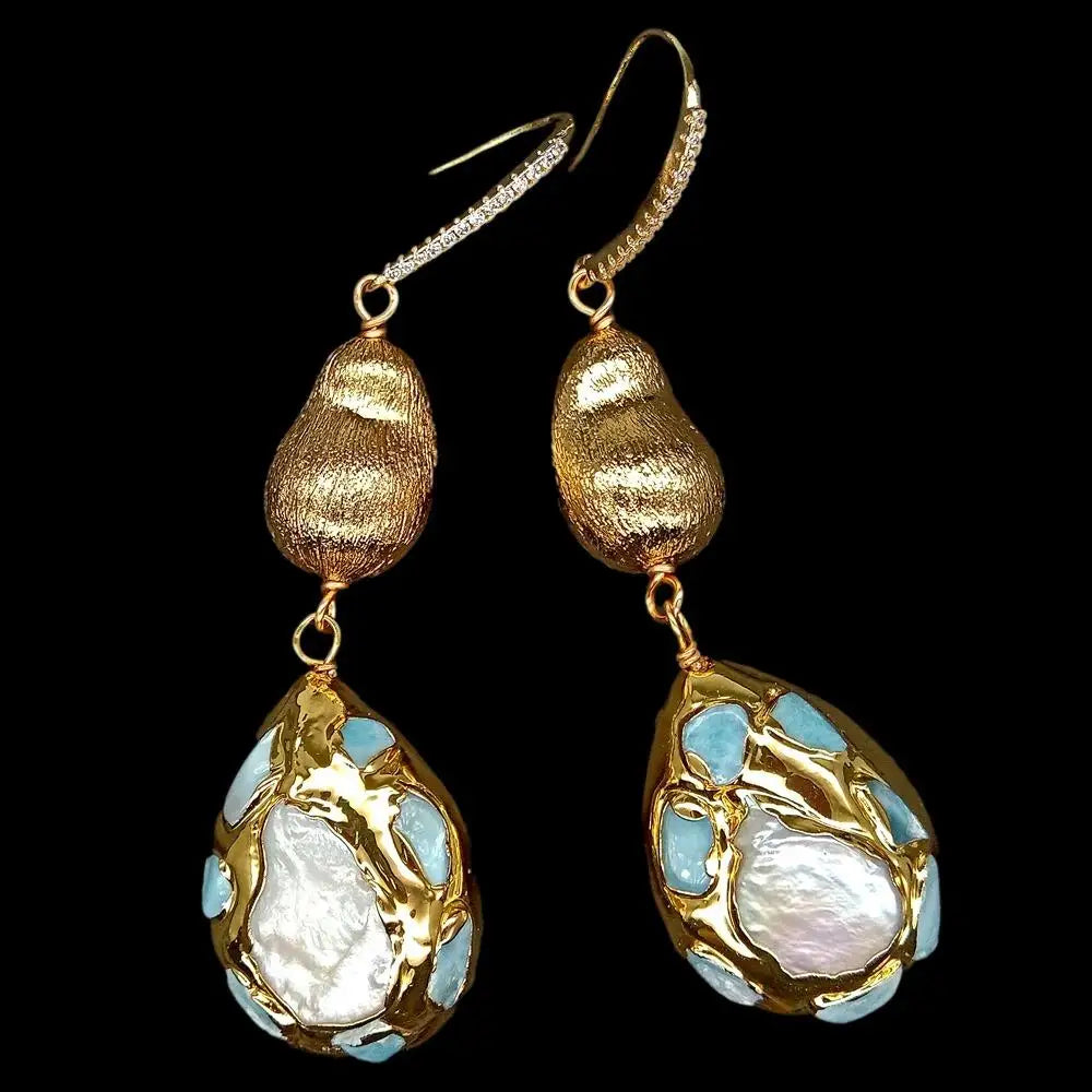 YYGEM natural Blue larimar Pave Cultured White Pearl Teardrop Shape Brushed Bead Dangle Hook Earrings
