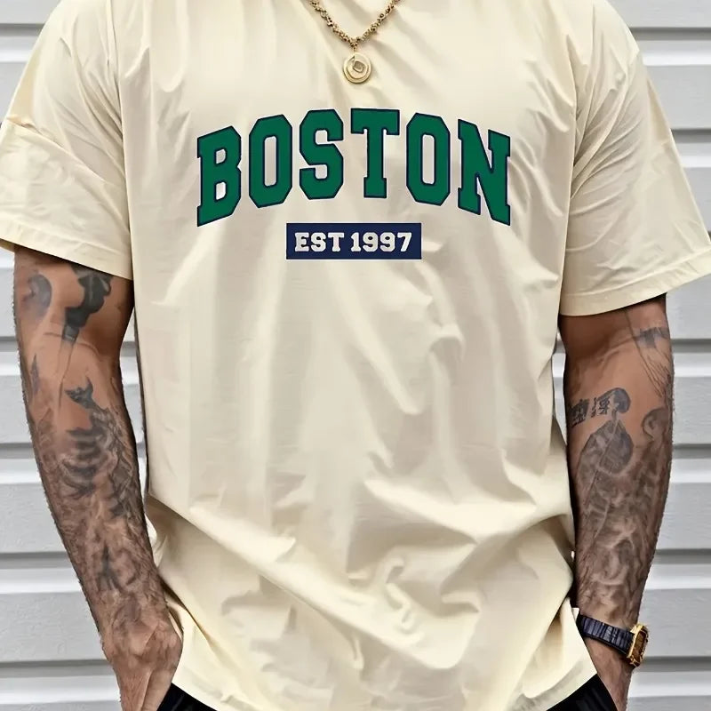 Boston EST1997 vintage printed men's new 100% cotton T-shirt Fashion casual loose summer cotton short-sleeved T-shirt