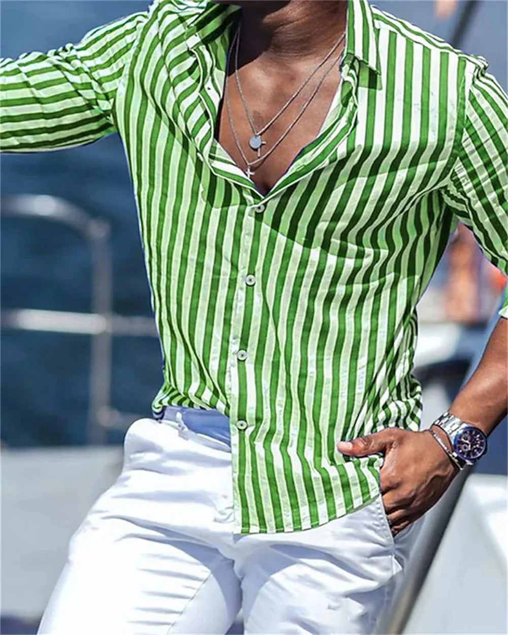 Men's Long sleeved Blue Stripe Printed Shirt Social Luxury Men's Wear Hawaii Elegant Classic Fashion Solid Color