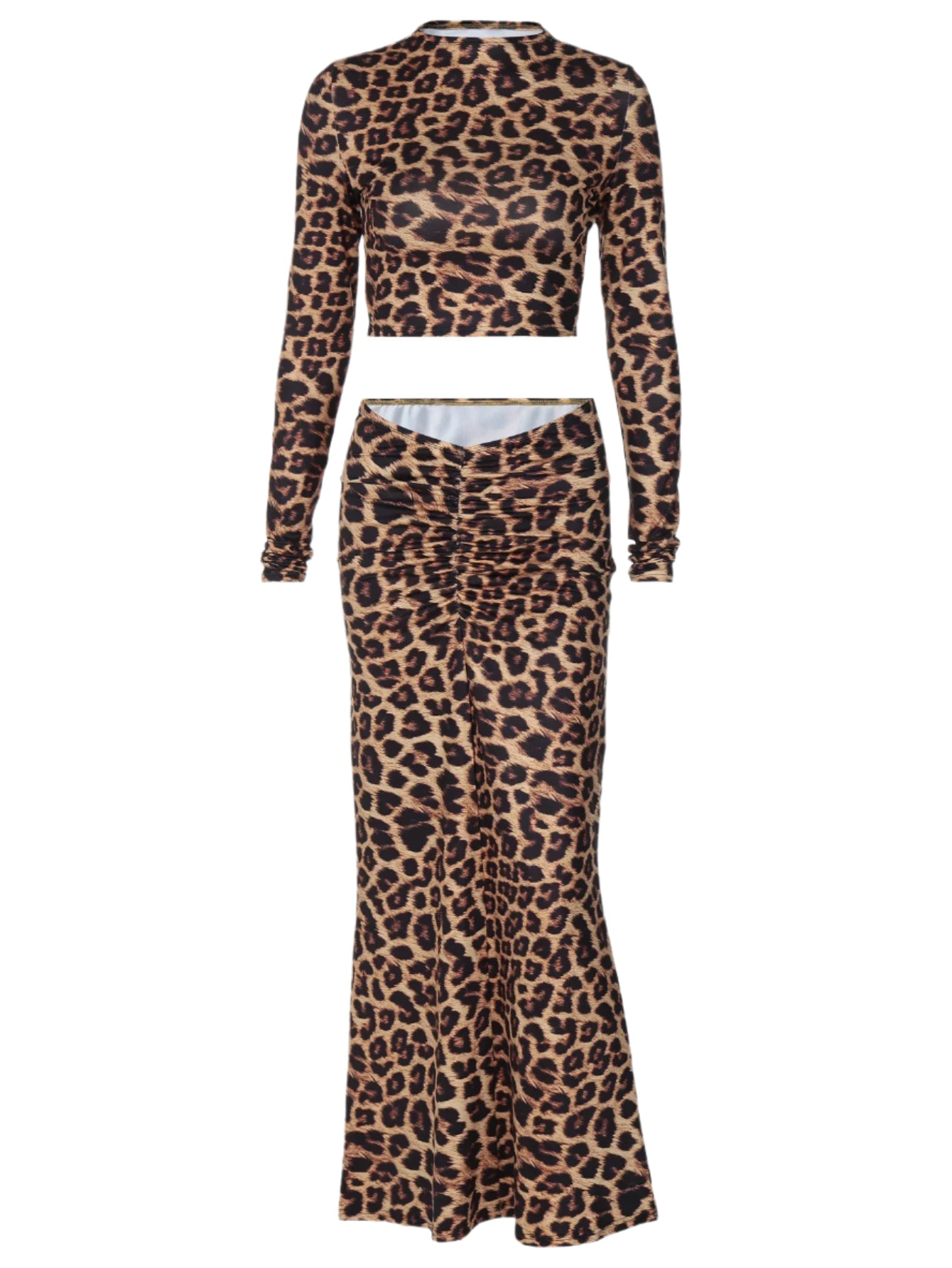 Leopard Printed Elegant Matching Suits Long Sleeves Top Ruched Maxi Dress Sets