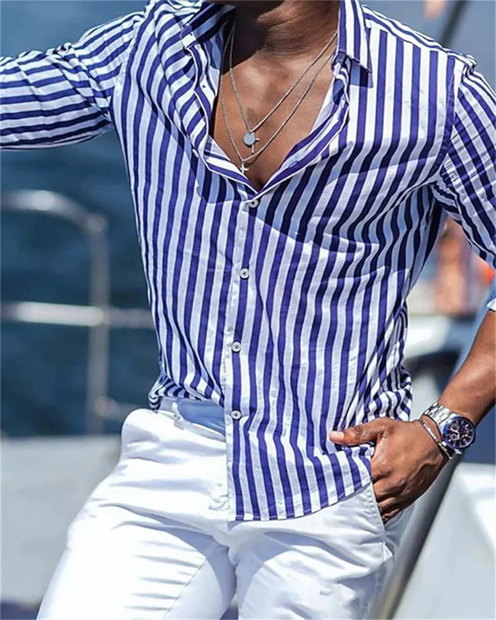 Men's Long sleeved Blue Stripe Printed Shirt Social Luxury Men's Wear Hawaii Elegant Classic Fashion Solid Color