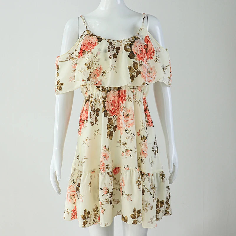 Printed Off Shoulder Beach Dress Women Ruffle Strap Vacation Summer Dress 2024 Woman Backless Floral Short Dresses Graduation