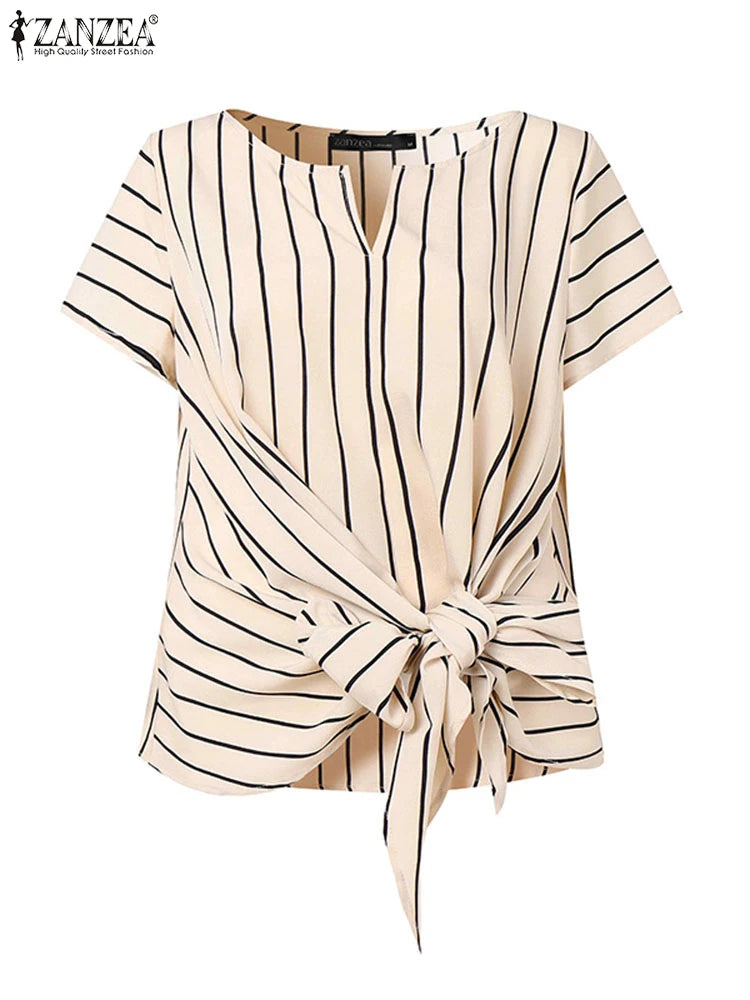 ZANZEA Women Fashion Tie-Front Striped Blouses 2025 Summer Stylish V-Neck Short Sleeve Tops Elegant Casual Commute Blusas Mujer