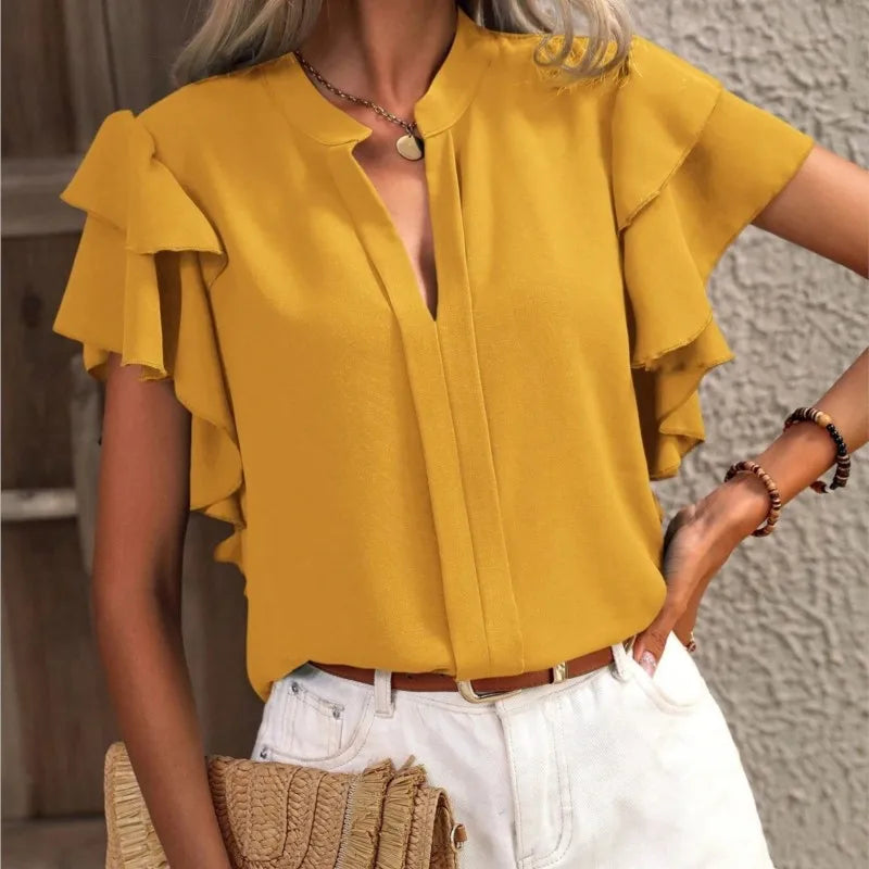 Women's Summer V-neck Casual Double Layered Ruffle Sleeves Solid Color Shirt Top Blouse