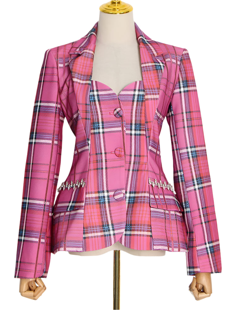 Women Slim Cut Out Back Lapel Long Sleeve Rose Plaid Blazers Coat