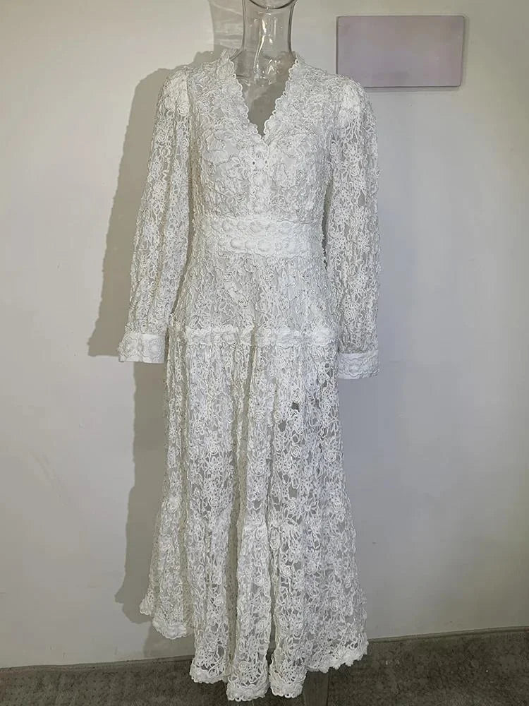 Hollow Out Embroidery Spliced Lantern Long Sleeve Black Big Swing Lace Party Dresses For Women