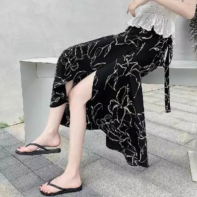 High Waist Long Skirt Wrap Dress Asymmetrical Hem Chiffon Floral Print Belted Midi Skirt for Short Women Summer Dress