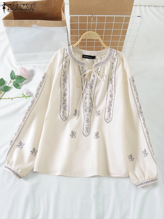 ZANZEA Ethnic Style Printing Woman Blouses Casual V-Neck Lace-Up Long Puff Sleeve Blusas Mujer 2025 Spring Summer Smock Tops