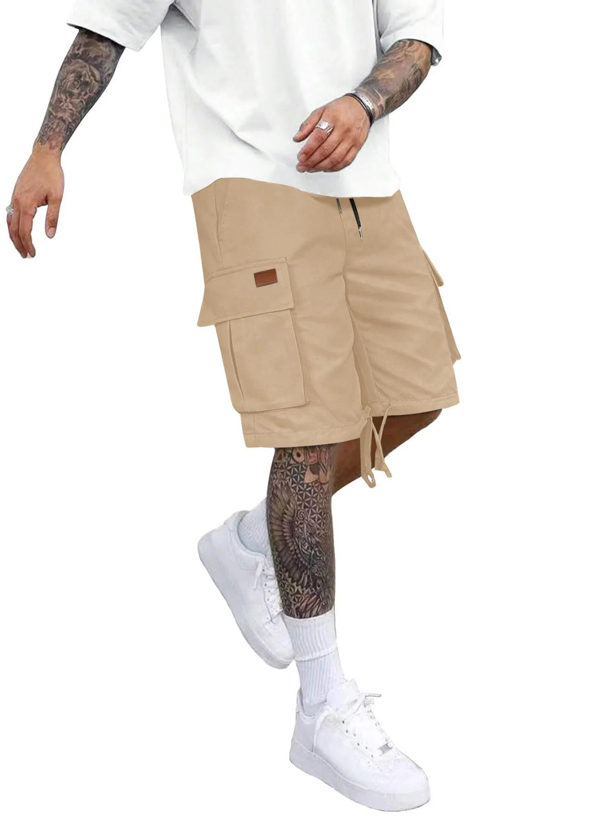 2025 Men's summer solid color casual elastic waist cargo shorts Loose multi-pocket fashion travel sports shorts