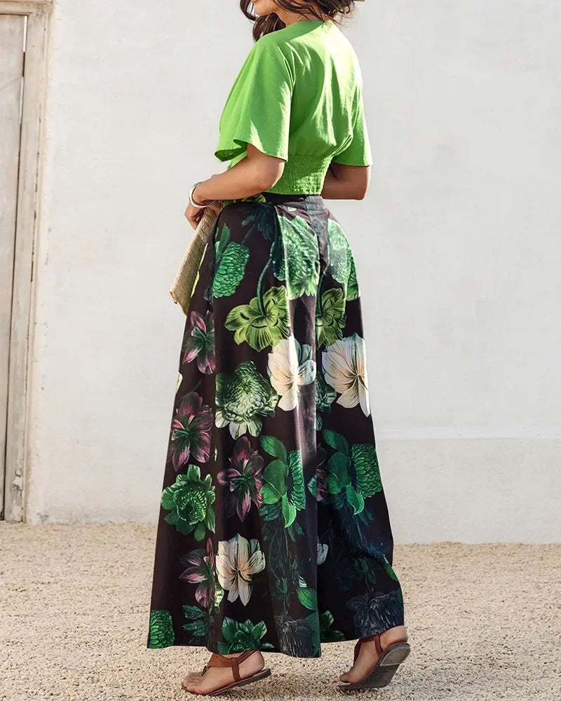 Elegant 2 Pieces for Woman Elegant V-Neck Short Sleeve Ruched Top and Floral Print Pocket Design Wide Leg Pants Sets