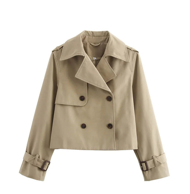 Women Vintage Casual Chic Solid Double Breasted Turn-down Collar Long Sleeve Short Coat Jackets