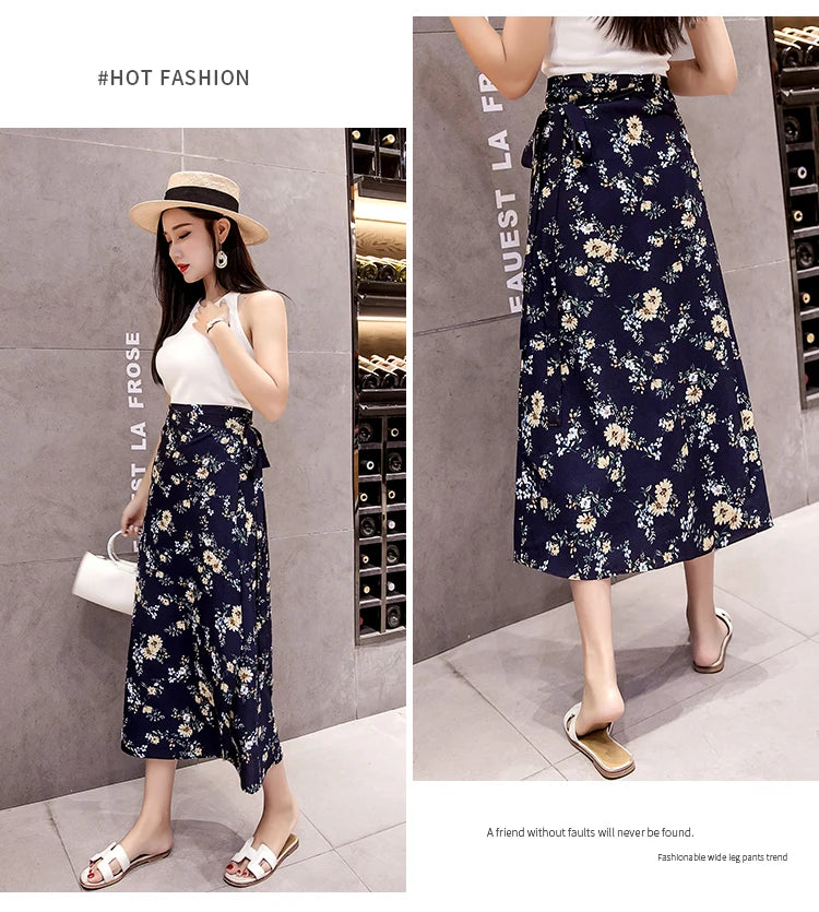 High Waist Long Skirt Wrap Dress Asymmetrical Hem Chiffon Floral Print Belted Midi Skirt for Short Women Summer Dress