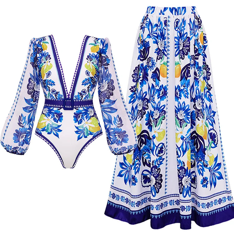 Flaxmaker Women Sexy Deep V Neck Long-sleeved Jungle Green Print One Piece Swimsuit And Skirt Summer Bathing Suit Monokini