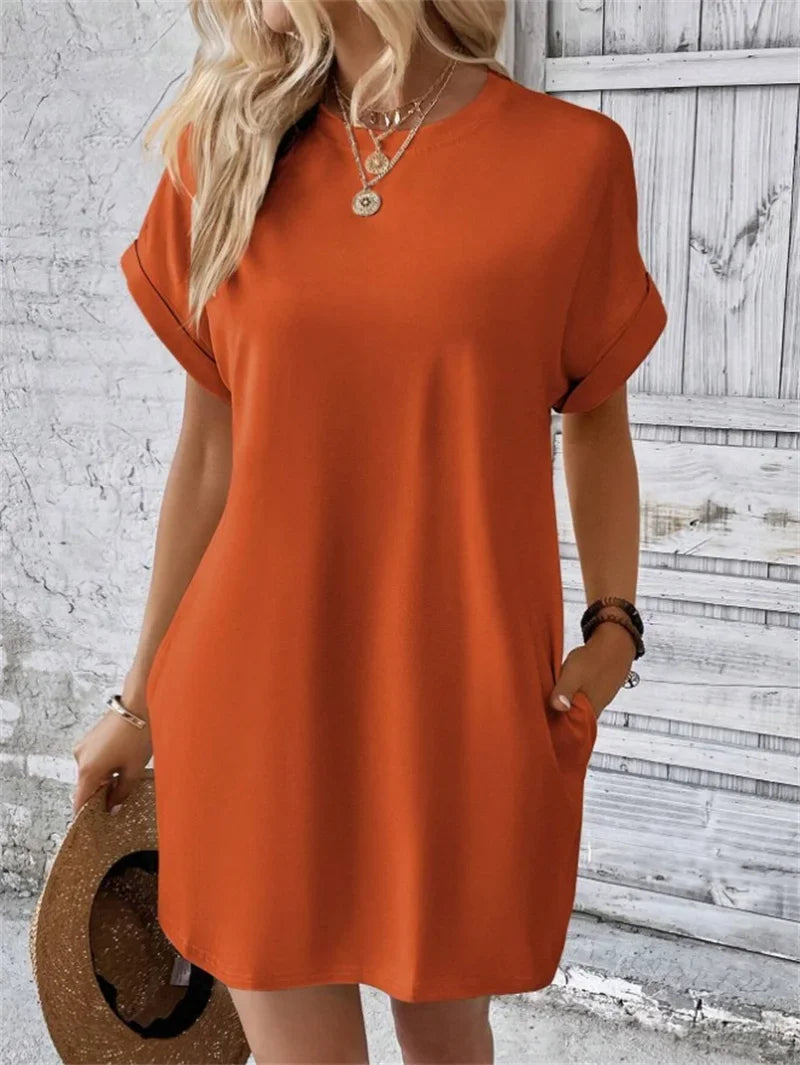 Fashion Solid Color Side Pocket Dresses Women Korean O Neck Pullover Dress Summer Female Comfortable Commuter Casual Short Gown
