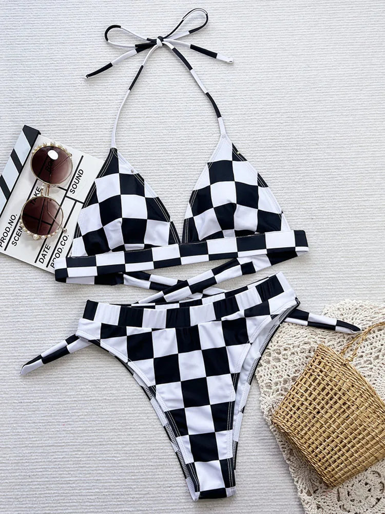 VigoCasey 2025 Sexy Plaid Print Swimwear Women Halter Push Up Bikini Set High Waist Lady Swimsuit Beach Brazilian Bathing Suit