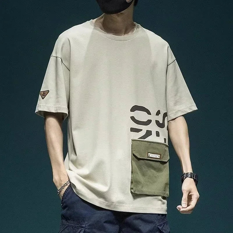 2025 New Letter Printed Short Sleeve Pocket T-shirt For Men Casual Cotton O-Neck Tshirt Y2K Streetwear Oversized Tee Shirts