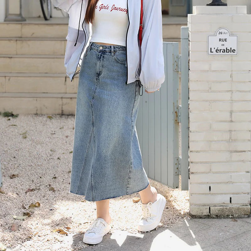 Women's Plus Size Retro High Waist Straight Denim Skirt With Back Slit Premium Casual Spring Summer Mid-Length Skirt