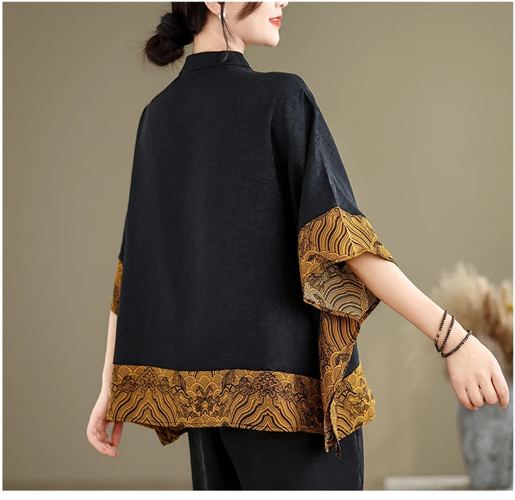 Mulberry Silk Chinese Style T-shirt for Women Spring Summer Fashion Vintage Patchwork Half Sleeve Cloud Embroidery Female Blouse