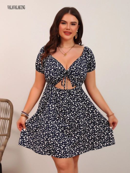 2025 Sexy Deep V-Neck Plus Size Short Dress Women Summer Tied Hollowed Print Vacation Dress Ladies Backless Bohemian Beach Dress
