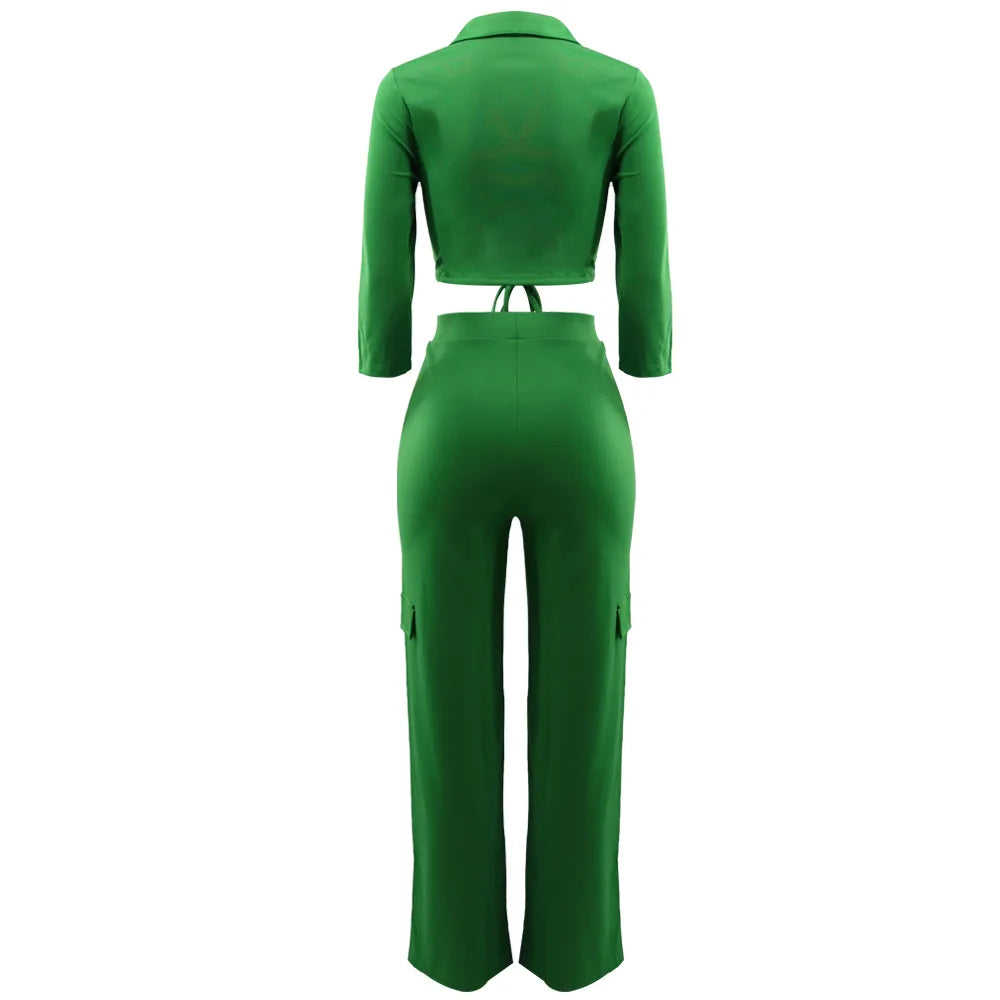 Elegant Office Women Two Piece Short Shirt + Wide Leg Trousers Set