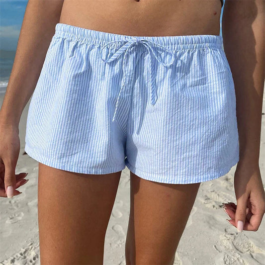 Casual Striped Shorts Women y2k Clothing Drawstring Elastic Waist Loose Fit Wide Leg Bottoms 2000s Aesthetic Streetwear