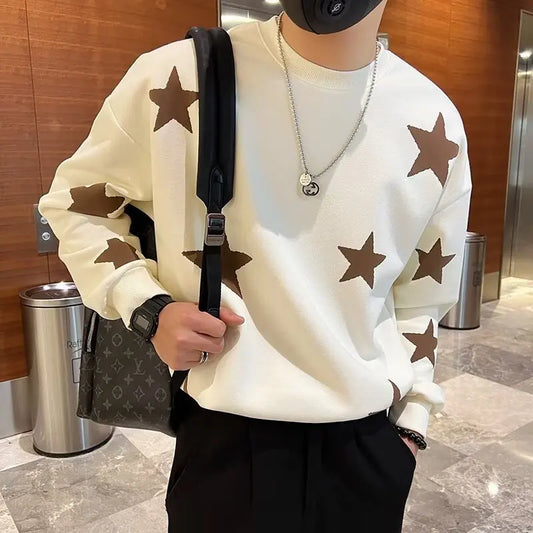 Autumn Harajuku Men Sweatshirts Black Long Sleeved T-shirt Men Clothes Stars Graphic top Crewneck for Men Streetwear 2024