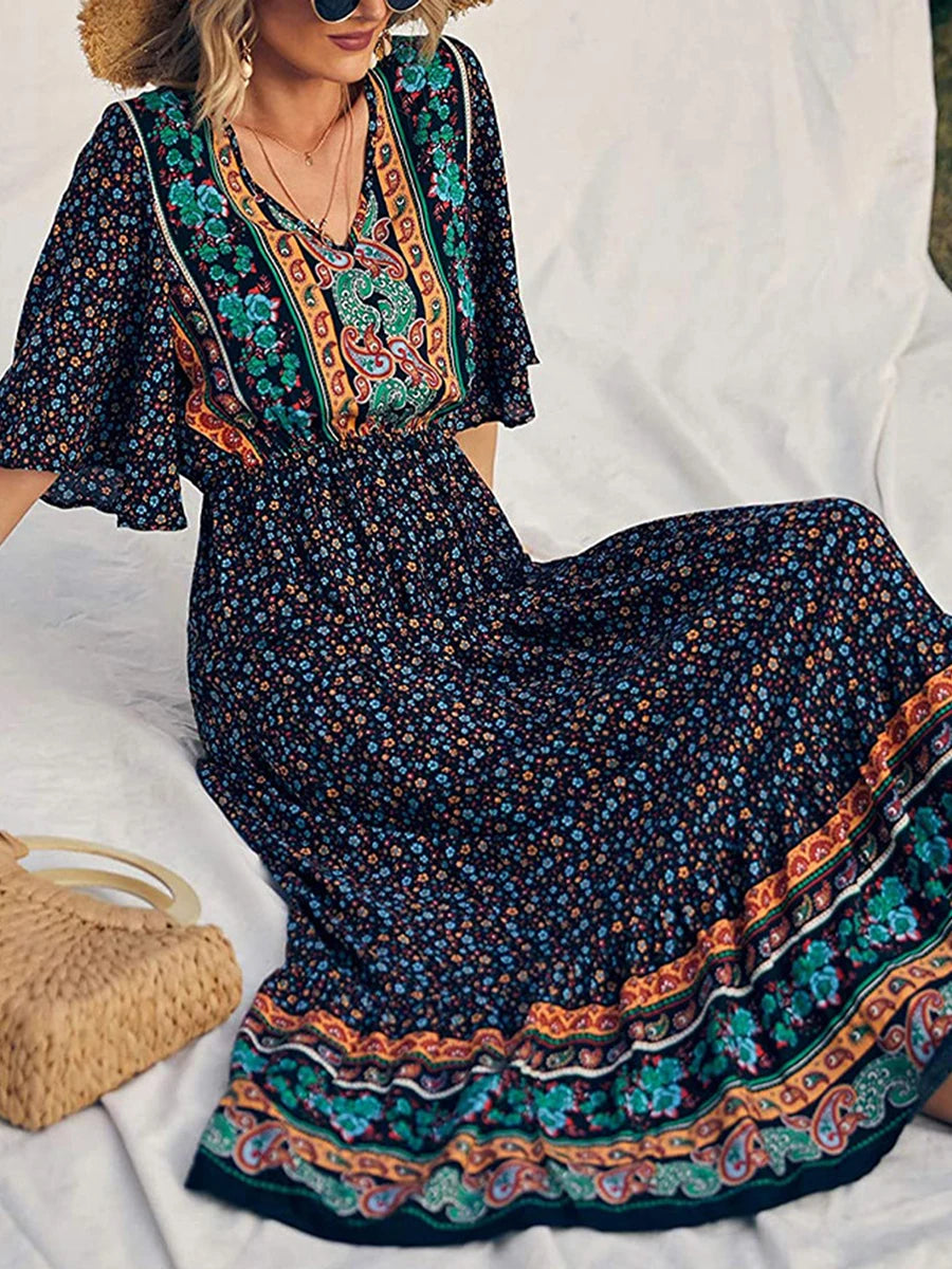 Boho Retro Printed Long Beach Dress Summer Women Flare Short Sleeve V Neck Summer A-Line Dress 2022 Party Elegant Dress