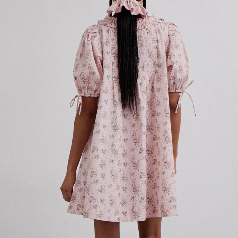 Vintage Floral Print Loose Fit A-line Dress Ruffle Trim Square Collar Puff Sleeve Nightgown Nightdress Y2K Cottage Fairy Dress